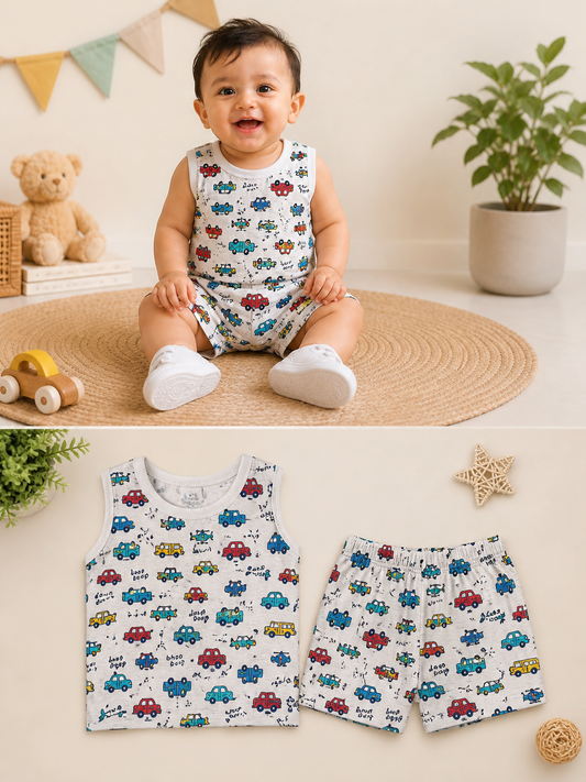Car Print Co-ord Set for Boys (Sleeveless T-Shirt & Shorts)