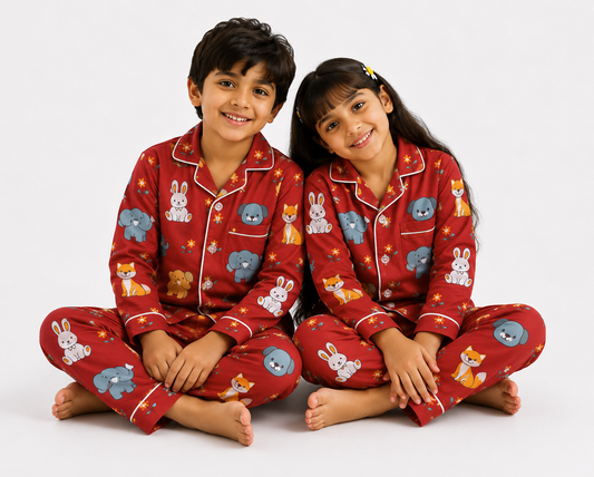 Cute Animal Print Pure Cotton Full Sleeve Night Suit for Kids | Unisex Sleepwear