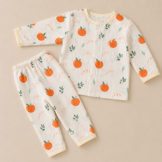 Apple Print Muslin Cotton Night Suit for Babies