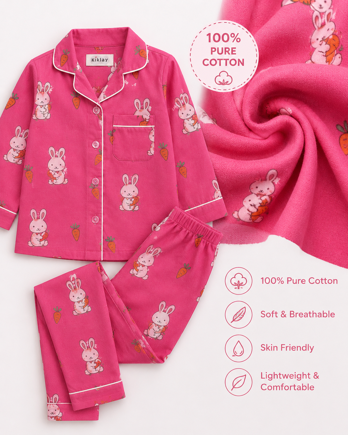 Cute Bunny & Carrot Print Pure Cotton Full Sleeve Night Suit for Kids