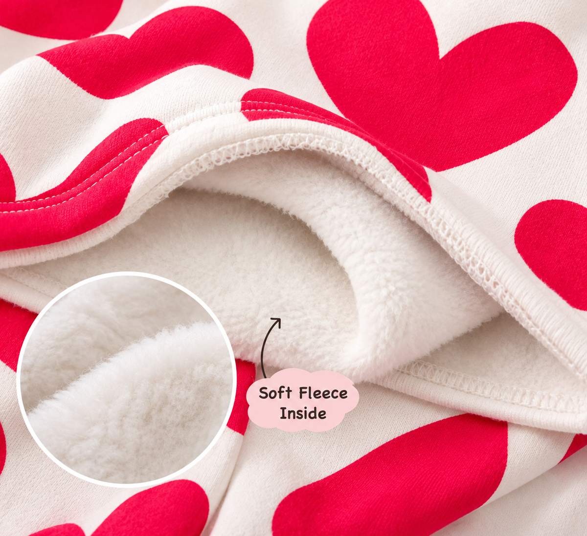 White and Red Heart Print Fleece Winter Co-ord Set for Kids