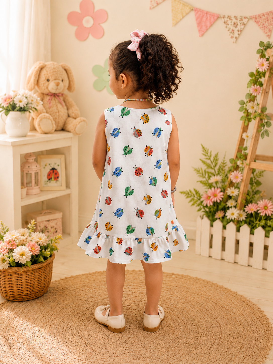 Colorful Ladybug Print Cotton Dress for Girls | Soft Sleeveless Summer Dress