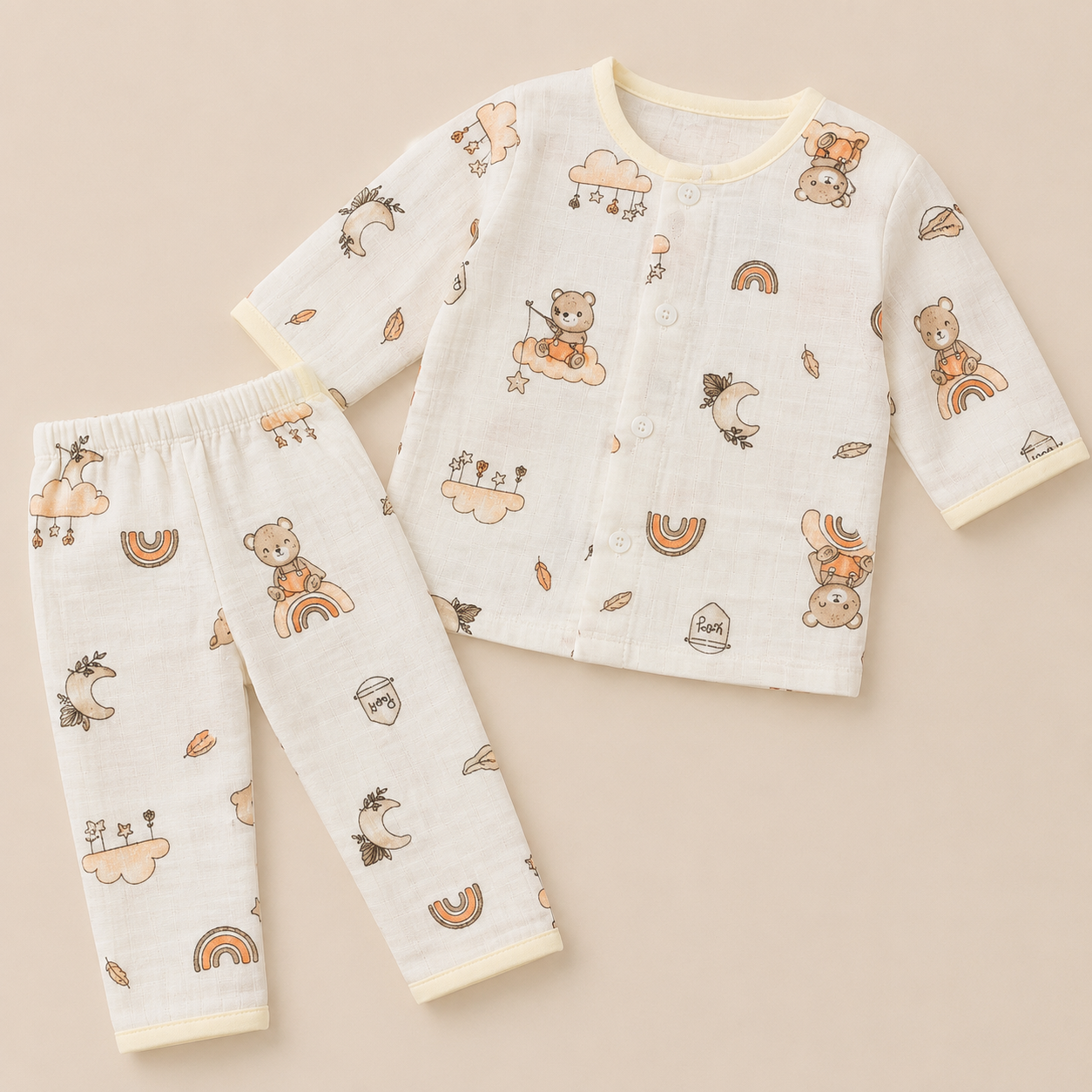 Teddy Bear Print Muslin Cotton Night Suit for Babies