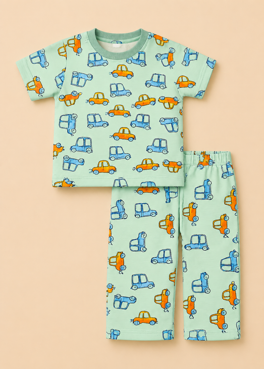 Mint Car Print Cotton Co-ord Set for Kids | Soft Half Sleeve Night Suit