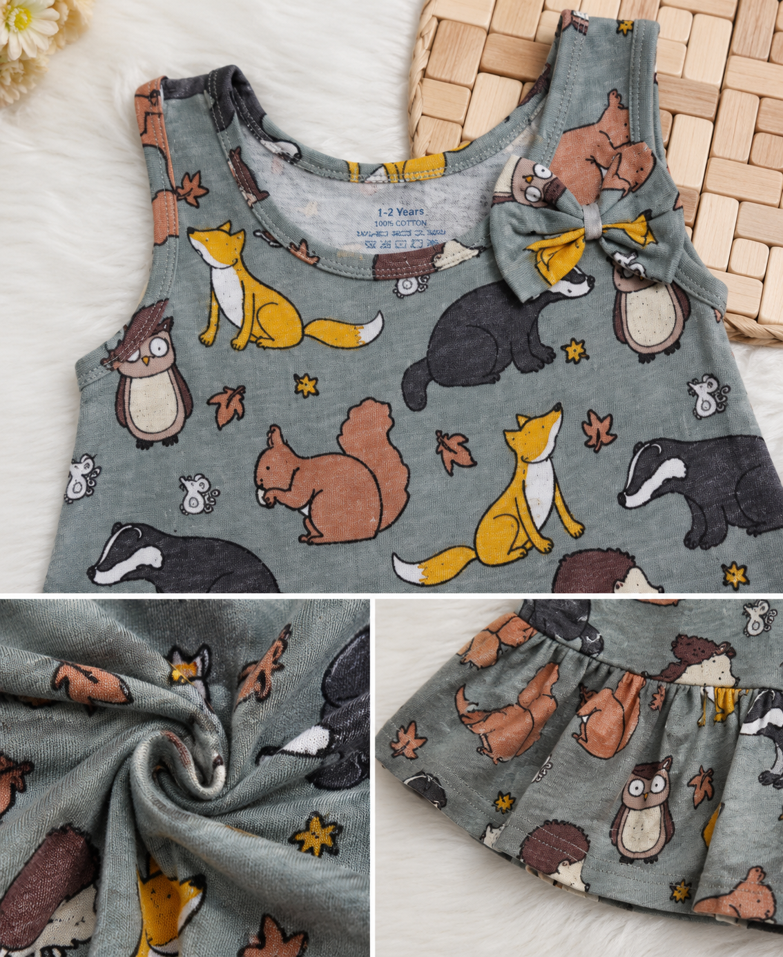 Woodland Animal Print Cotton Dress for Girls | Soft Sleeveless Summer Dress
