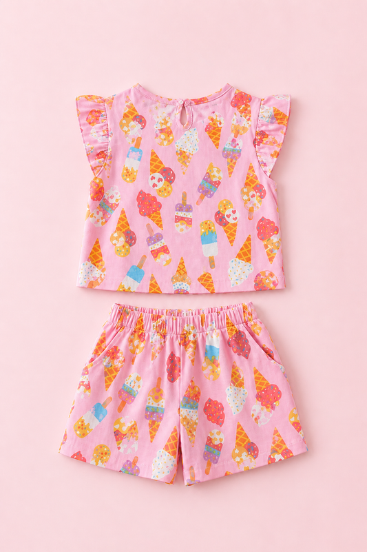Ice Cream Print Co-ord Set for Girls (Top & Shorts)