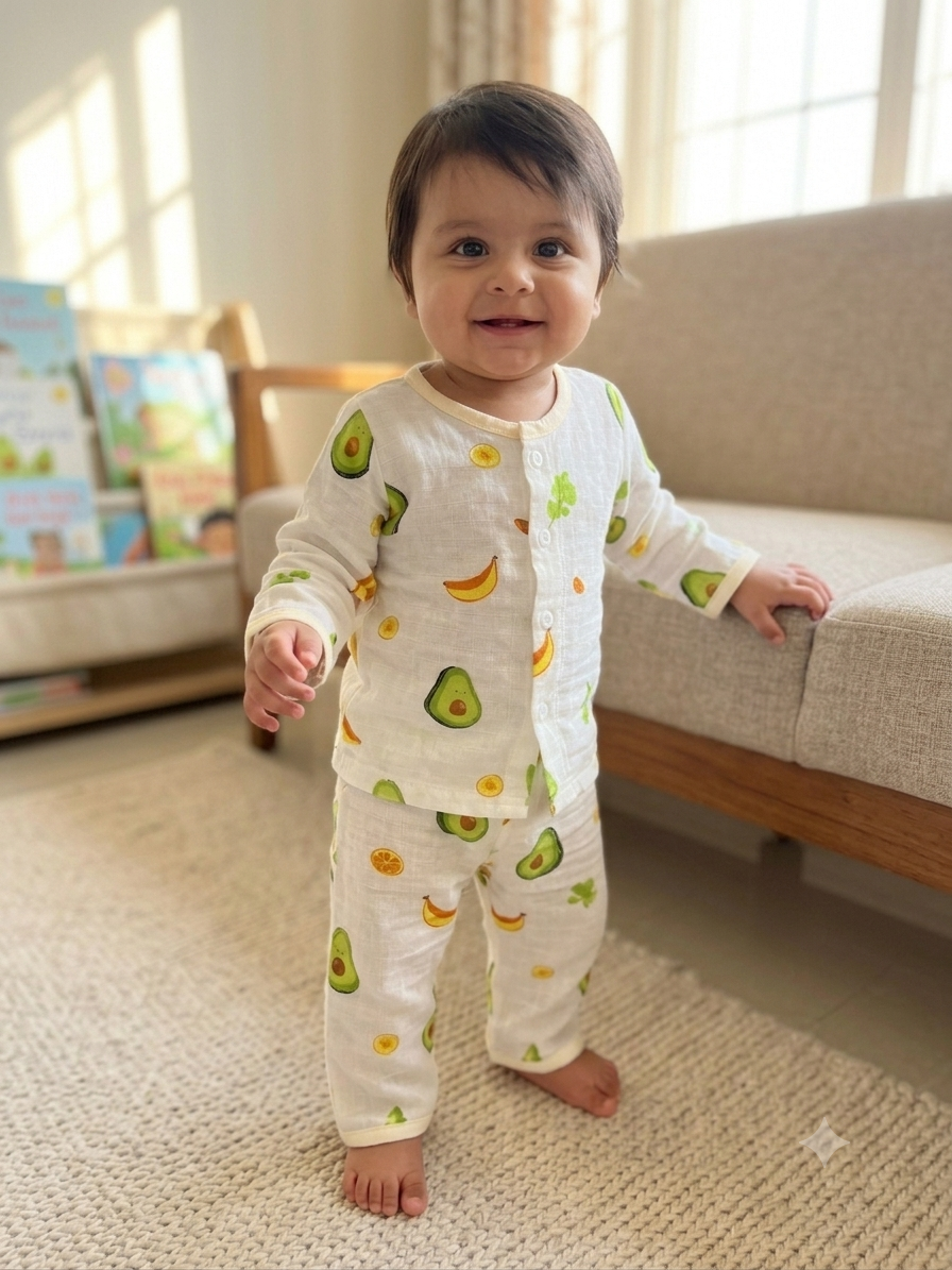 Avocado Print Night Suit Muslin Cotton for Babies