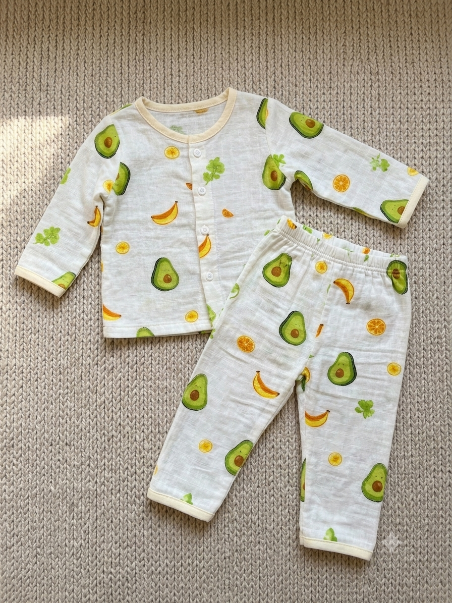 Avocado Print Night Suit Muslin Cotton for Babies