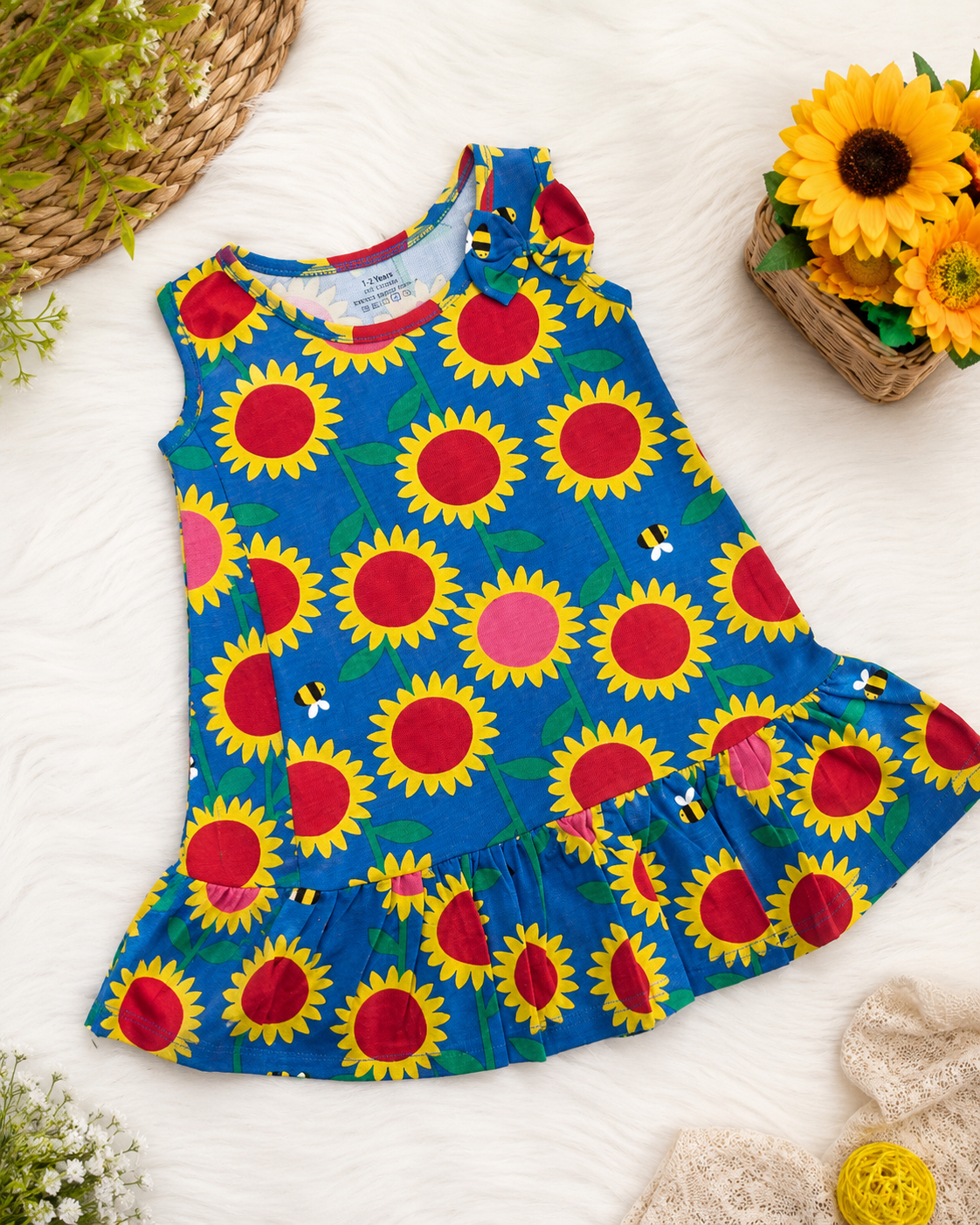 Sunflower Print Cotton Dress for Girls | Soft Sleeveless Summer Dress