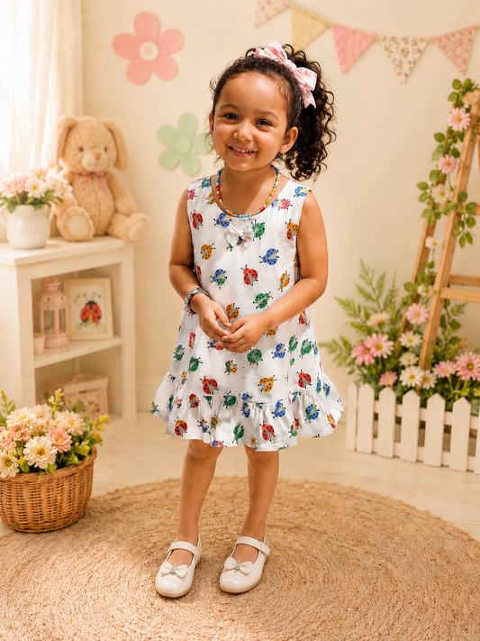 Colorful Ladybug Print Cotton Dress for Girls | Soft Sleeveless Summer Dress
