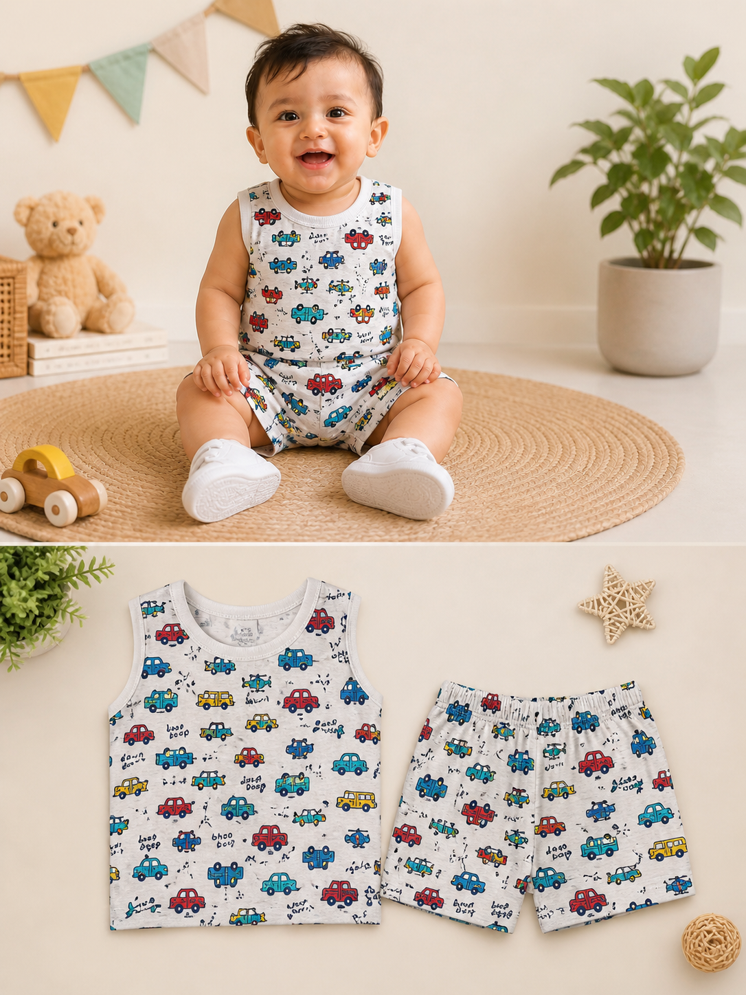 Car Print Co-ord Set for Boys (Sleeveless T-Shirt & Shorts)