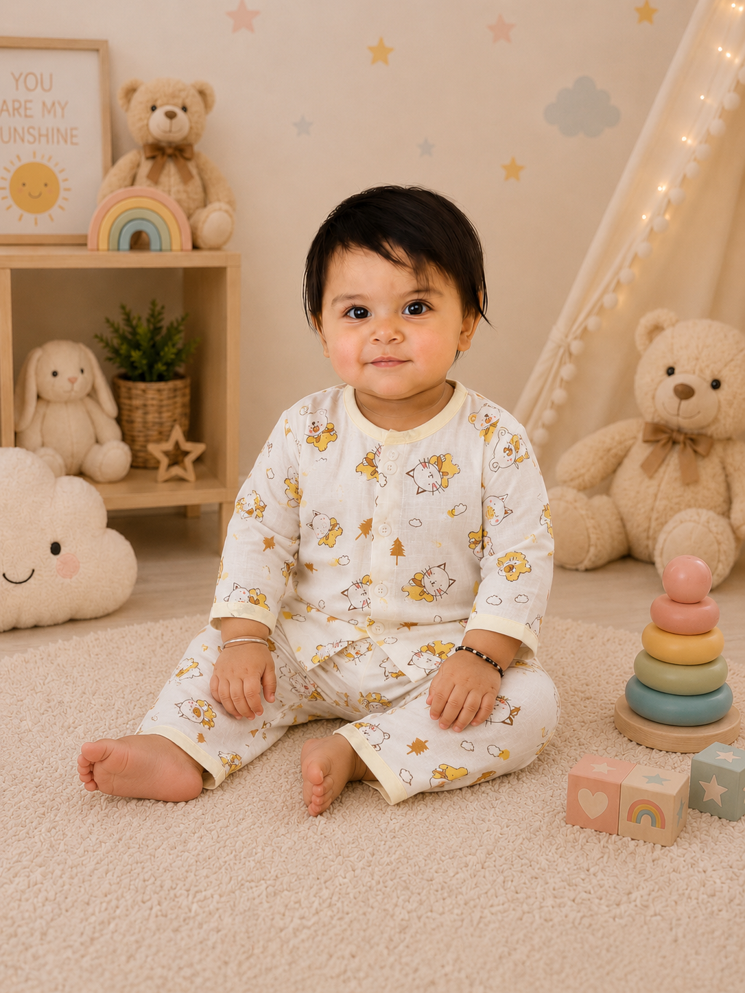 Cute Bear & Kitty Print Muslin Cotton Night Suit for Babies