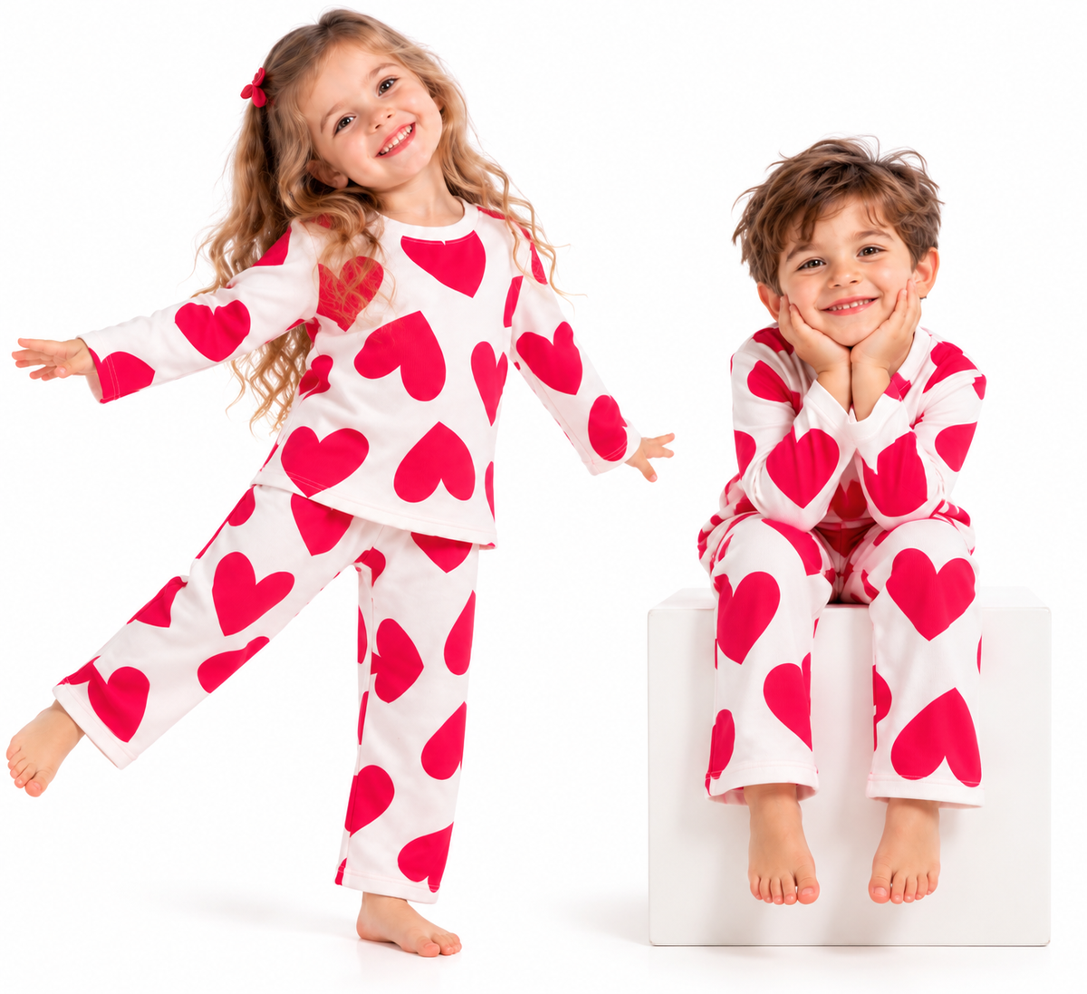 White and Red Heart Print Fleece Winter Co-ord Set for Kids