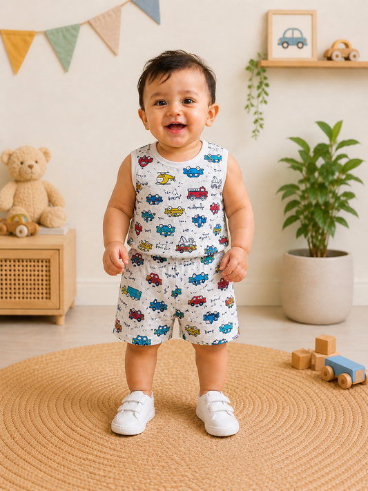 Car Print Co-ord Set for Boys (Sleeveless T-Shirt & Shorts)