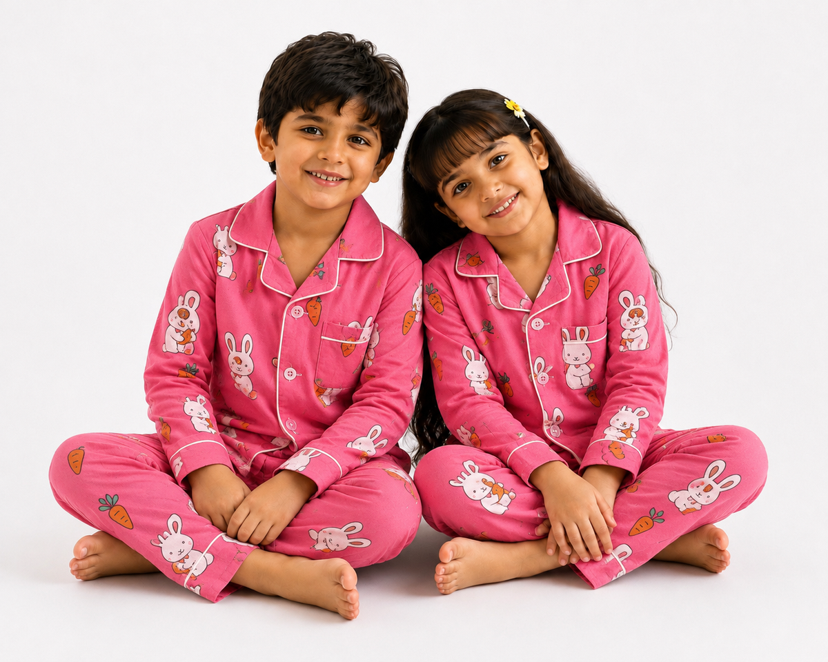 Cute Bunny & Carrot Print Pure Cotton Full Sleeve Night Suit for Kids