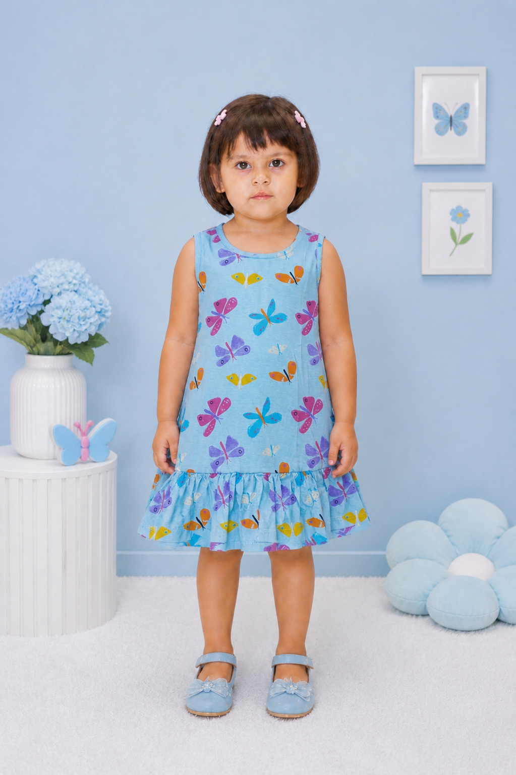 Cute Butterfly Print Sleeveless Dress for Girls | Soft Cotton Summer Frock
