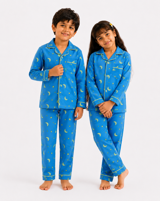 Moon & Stars Print Pure Cotton Full Sleeve Night Suit for Kids | Boys & Girls