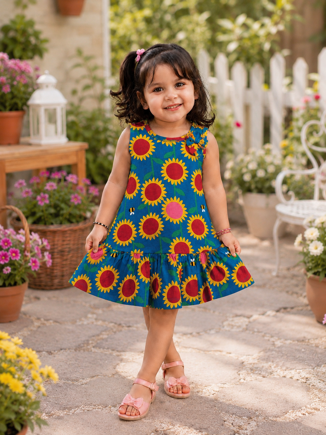 Sunflower Print Cotton Dress for Girls | Soft Sleeveless Summer Dress