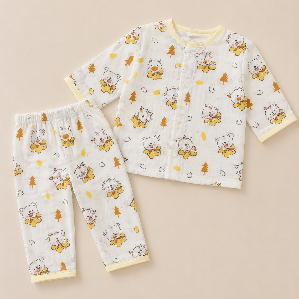 Cute Bear & Kitty Print Muslin Cotton Night Suit for Babies