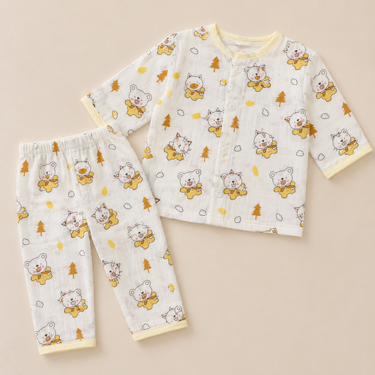 Cute Bear & Kitty Print Muslin Cotton Night Suit for Babies
