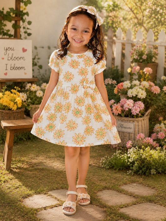 Sunny Daisy Print Cotton Dress for Girls | Soft Summer Casual Frock