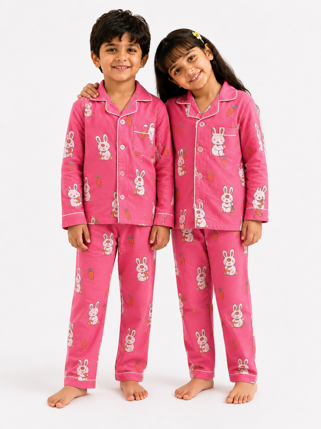 Cute Bunny & Carrot Print Pure Cotton Full Sleeve Night Suit for Kids