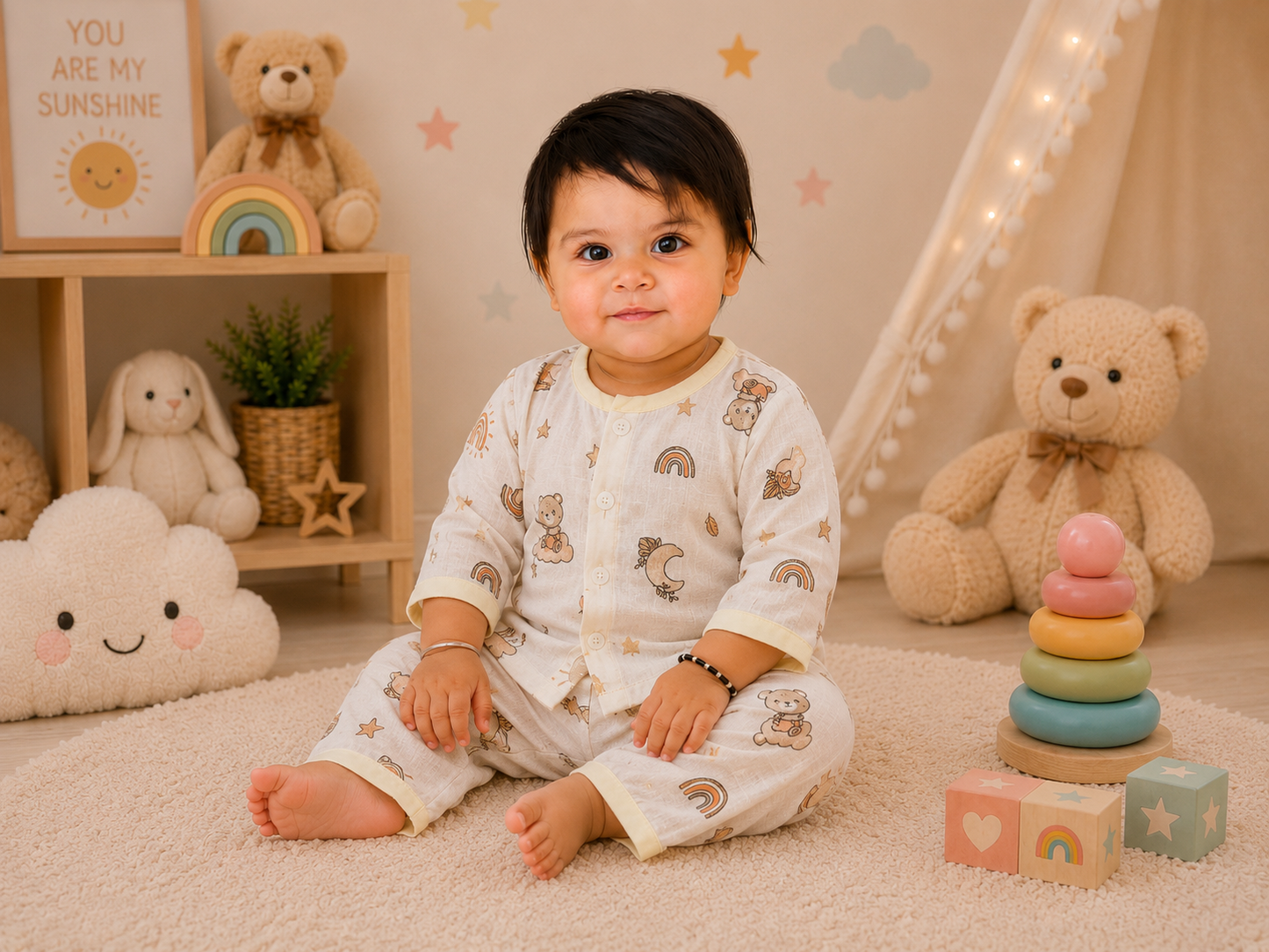 Teddy Bear Print Muslin Cotton Night Suit for Babies