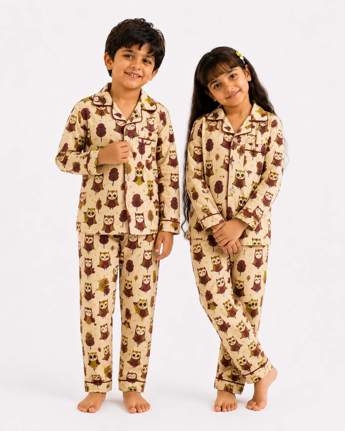 Kiklay Owl Print Pure Cotton Full Sleeve Night Suit for Kids | Boys & Girls
