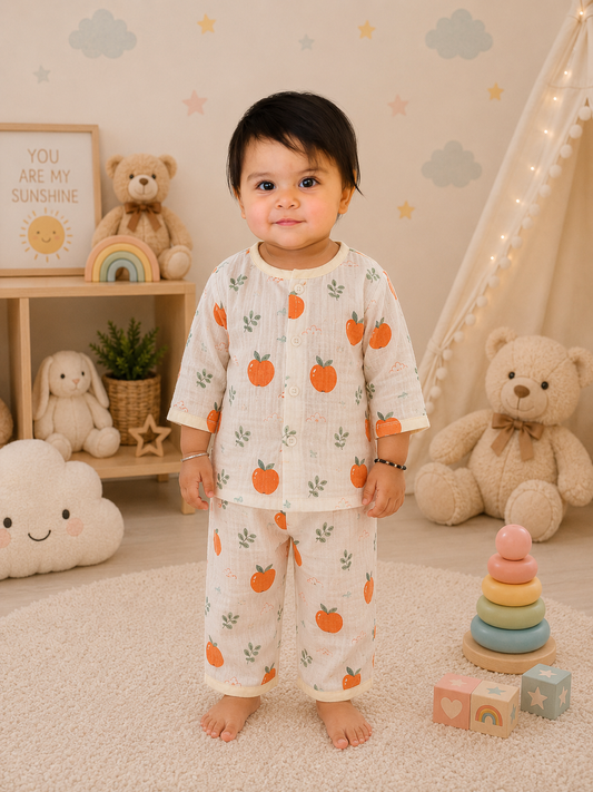 Apple Print Muslin Cotton Night Suit for Babies
