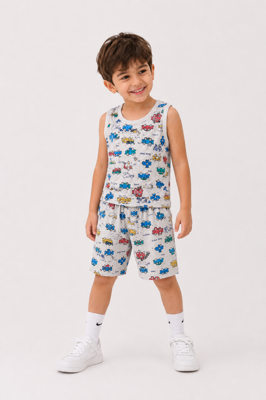 Car Print Co-ord Set for Boys (Sleeveless T-Shirt & Shorts)