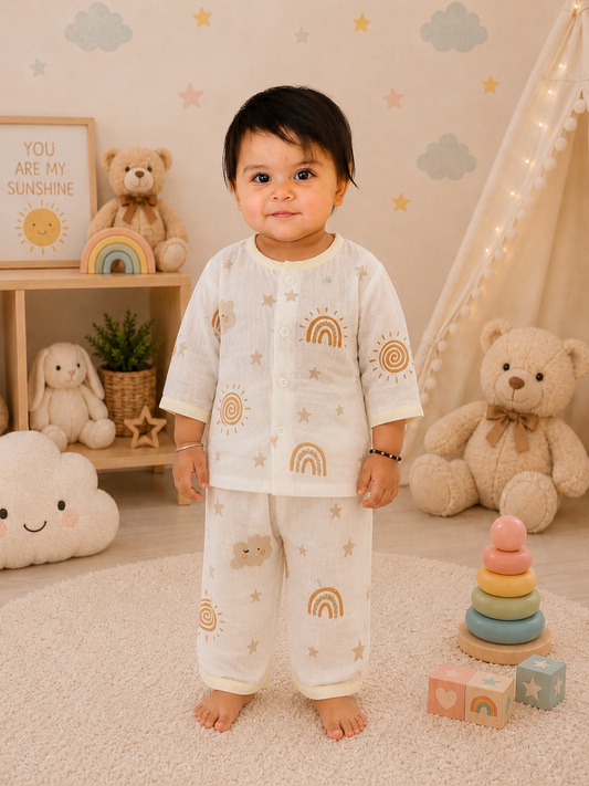 Rainbow & Sunshine Print Muslin Cotton Night Suit for Babies