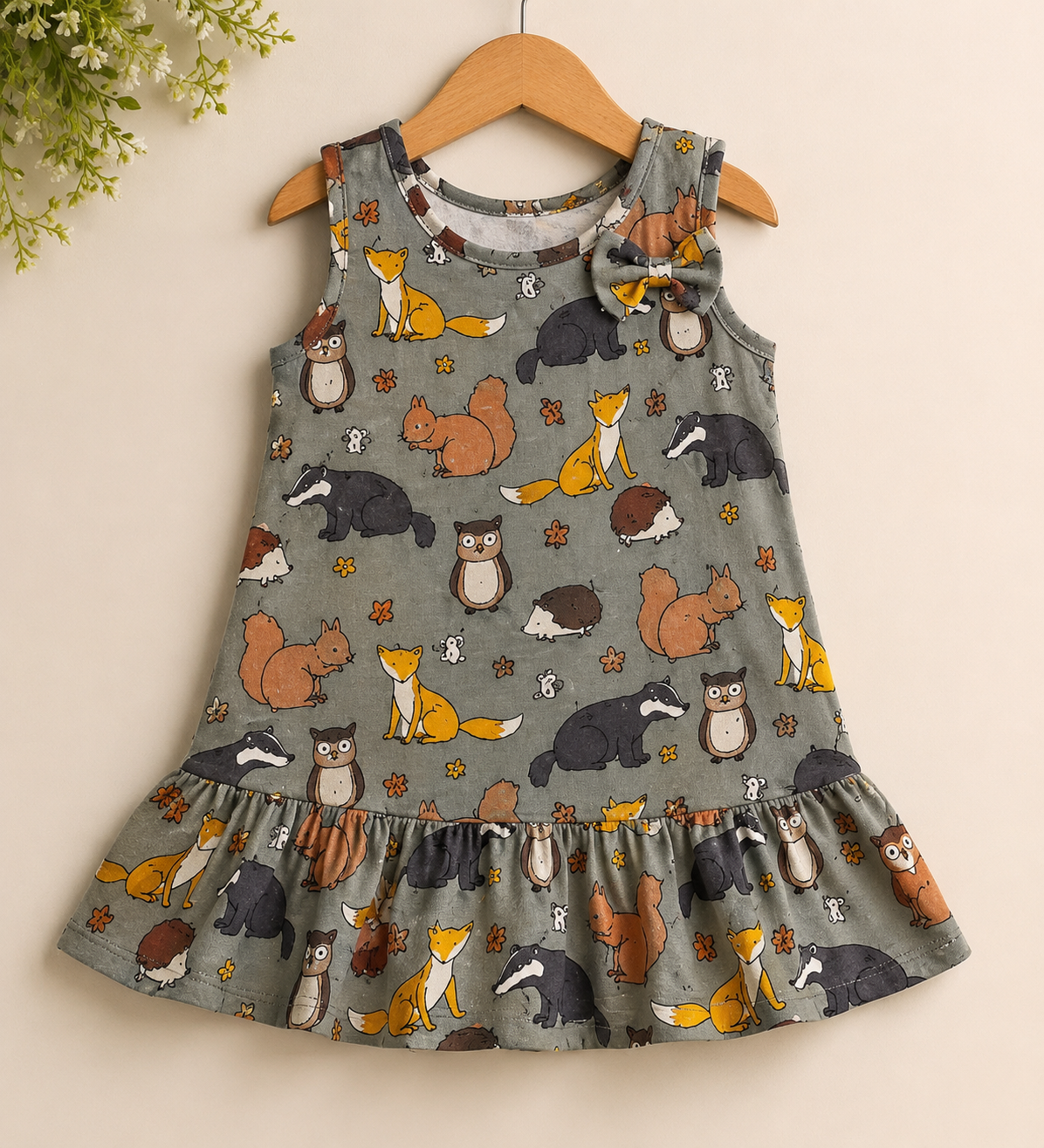 Woodland Animal Print Cotton Dress for Girls | Soft Sleeveless Summer Dress