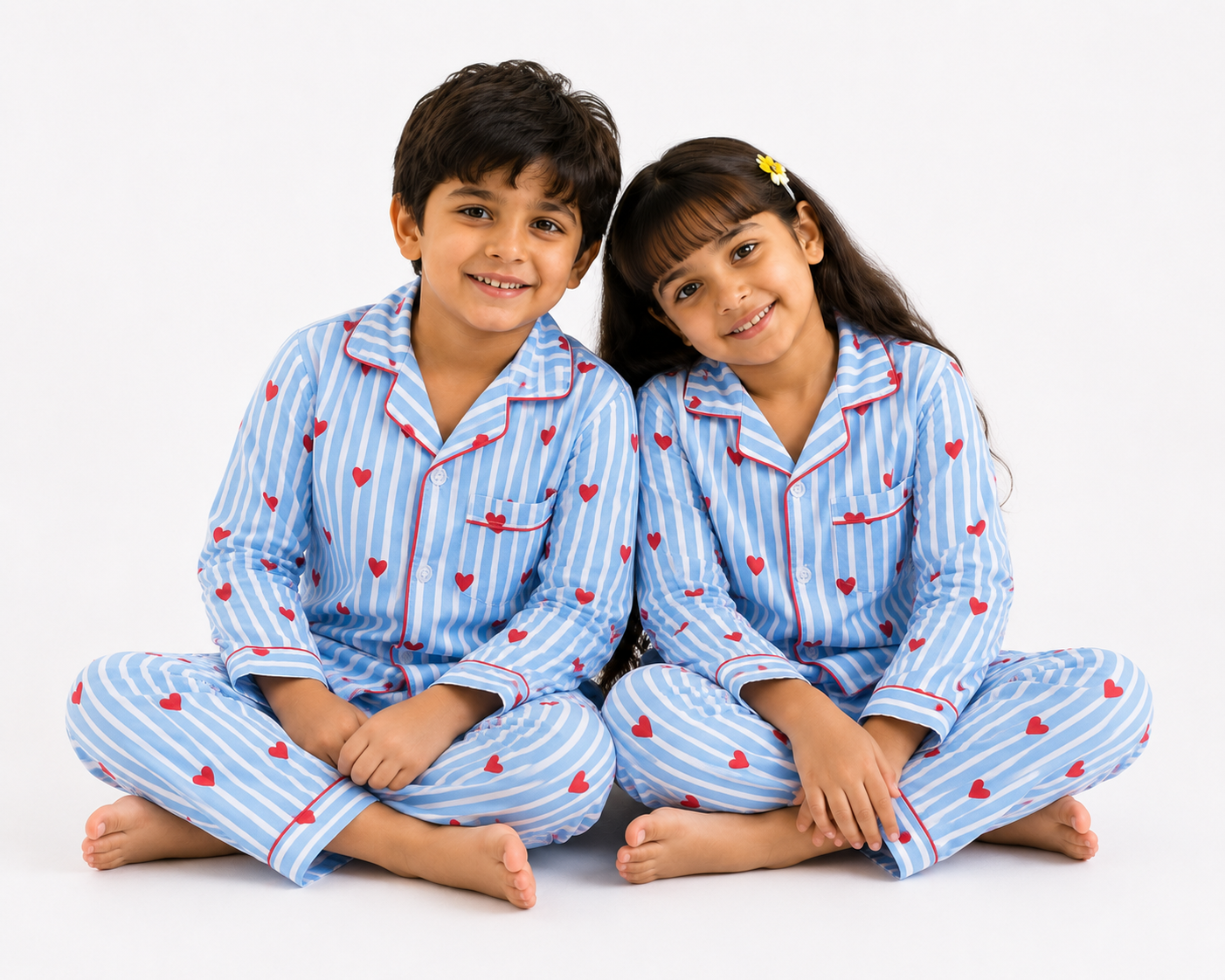 Blue Stripe Heart Print Pure Cotton Night Suit for Kids