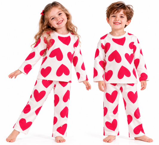 White and Red Heart Print Fleece Winter Co-ord Set for Kids