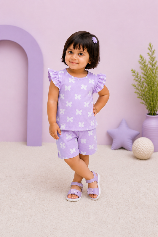 Lavender Butterfly Co-ord Set for Girls (Top & Shorts)