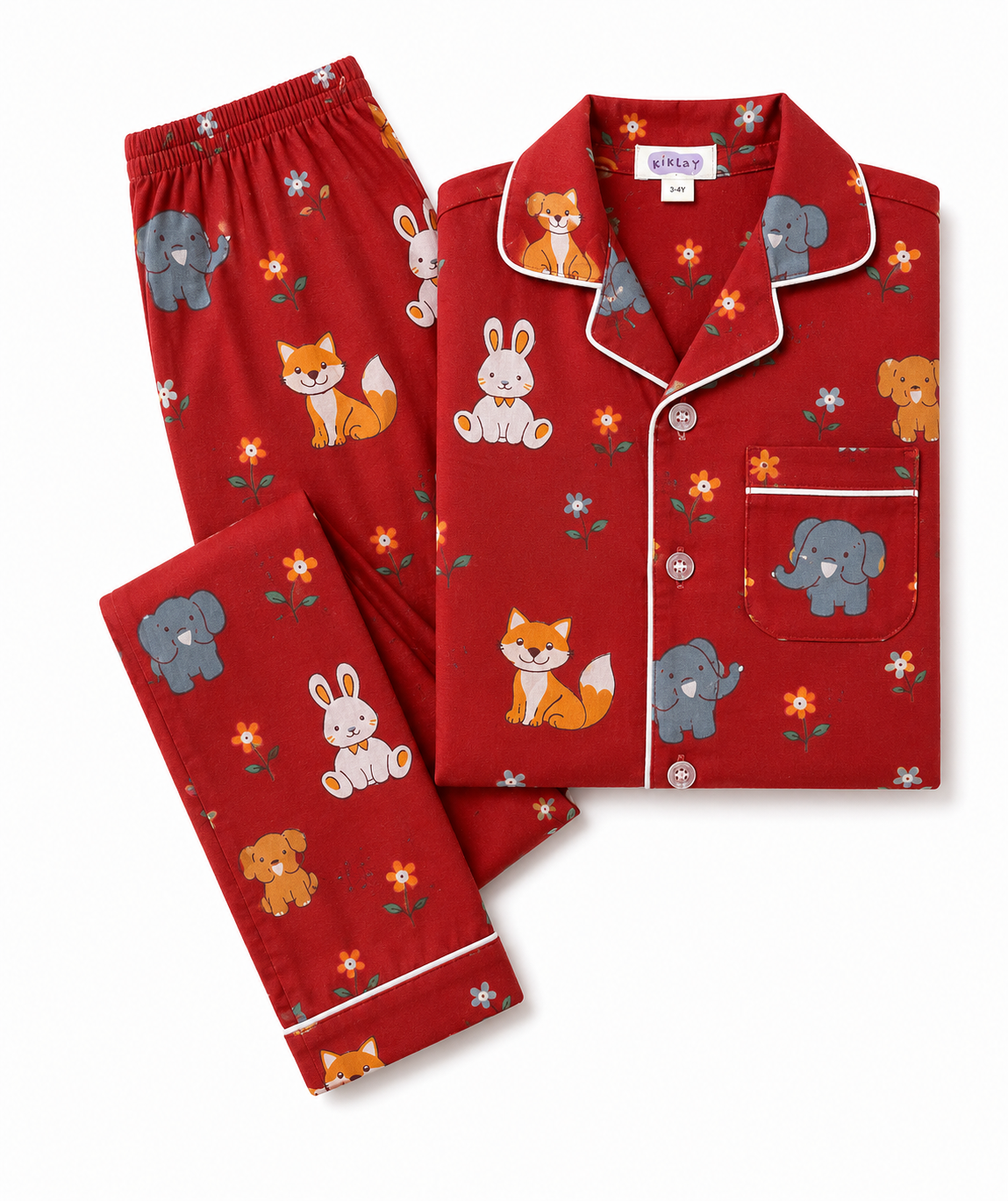 Cute Animal Print Pure Cotton Full Sleeve Night Suit for Kids | Unisex Sleepwear