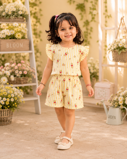 Yellow Bear Print Cotton Co-ord Set | Soft Half Sleeve Top & Shorts