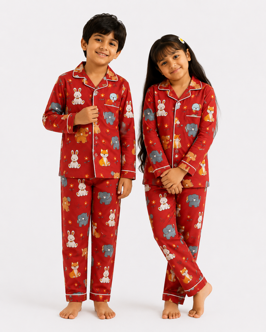 Cute Animal Print Pure Cotton Full Sleeve Night Suit for Kids | Unisex Sleepwear