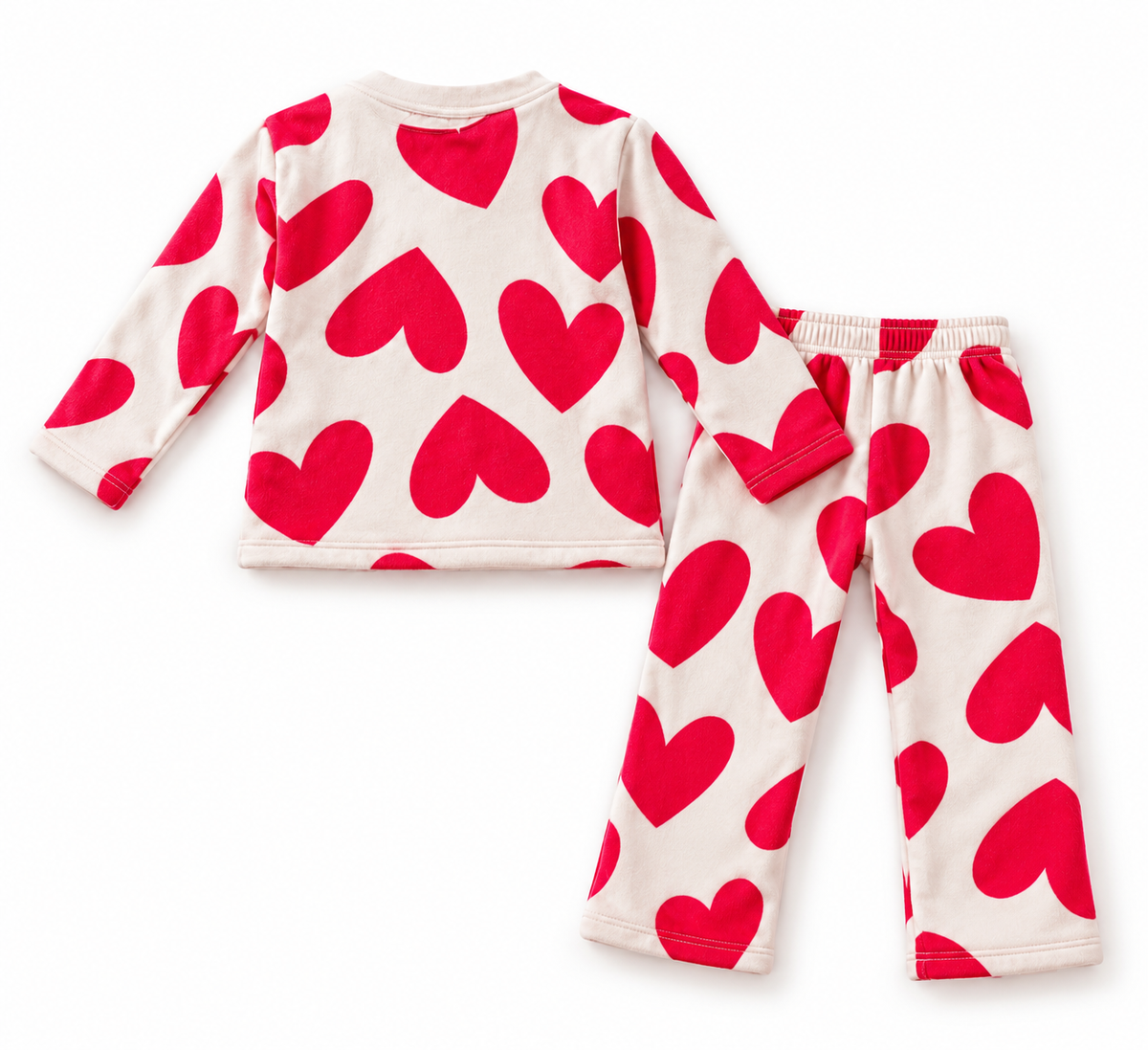 White and Red Heart Print Fleece Winter Co-ord Set for Kids