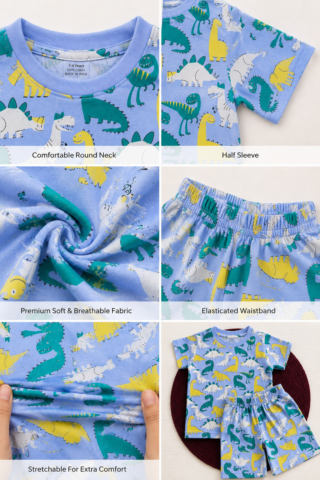 Dinosaur Print Cotton Co-ord Set for Boys | Soft Half Sleeve T-Shirt & Shorts