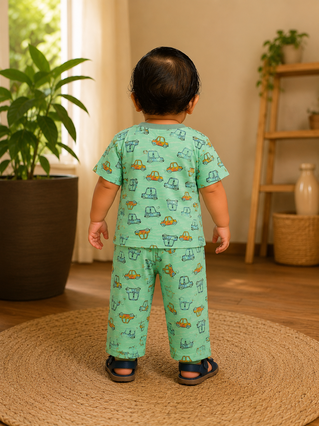 Mint Car Print Cotton Co-ord Set for Kids | Soft Half Sleeve Night Suit