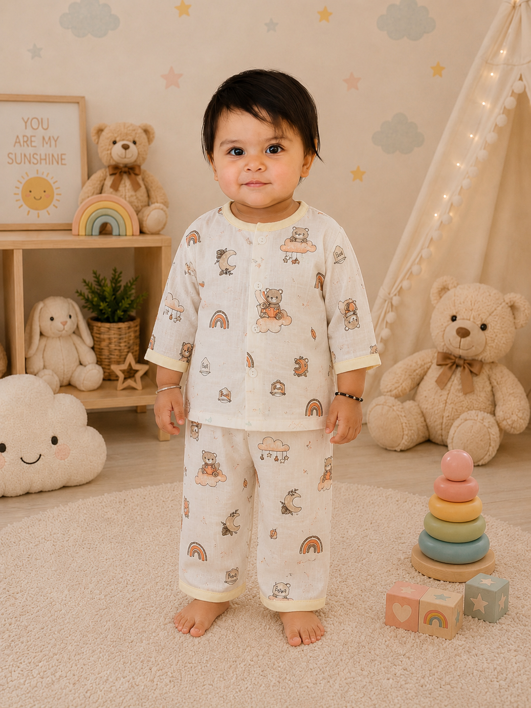 Teddy Bear Print Muslin Cotton Night Suit for Babies