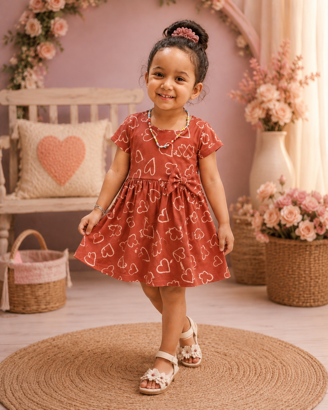 Rust Heart Print Cotton Dress for Girls | Soft Short Sleeve Casual Dress