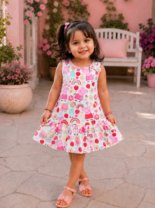 Cute Cartoon Print Cotton Dress for Girls | Soft Sleeveless Summer Dress