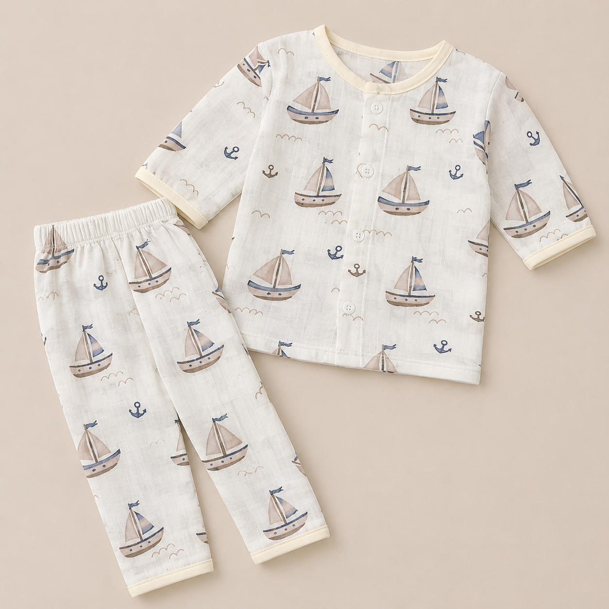 Sailboat Print Muslin Cotton Night Suit for Babies