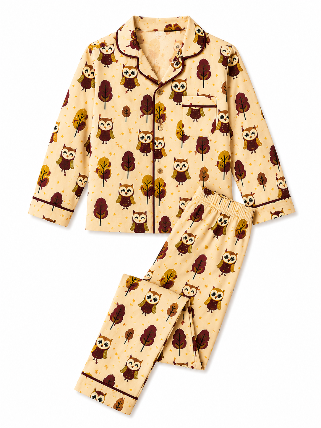 Kiklay Owl Print Pure Cotton Full Sleeve Night Suit for Kids | Boys & Girls