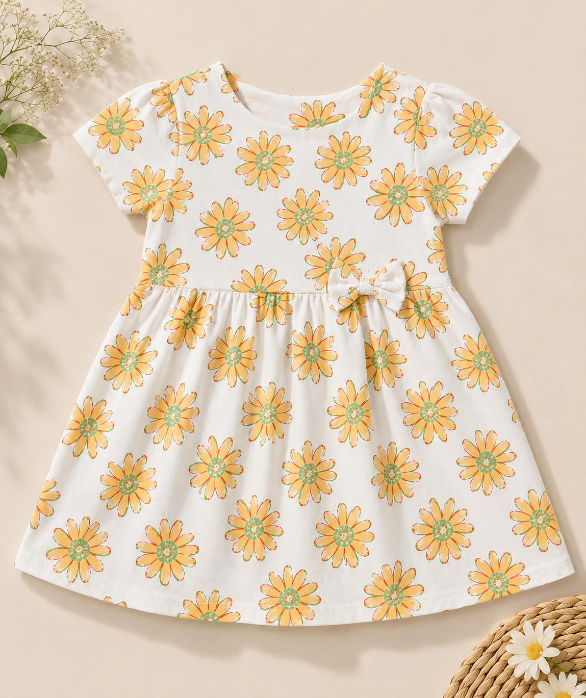 Sunny Daisy Print Cotton Dress for Girls | Soft Summer Casual Frock