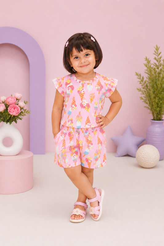 Ice Cream Print Co-ord Set for Girls (Top & Shorts)