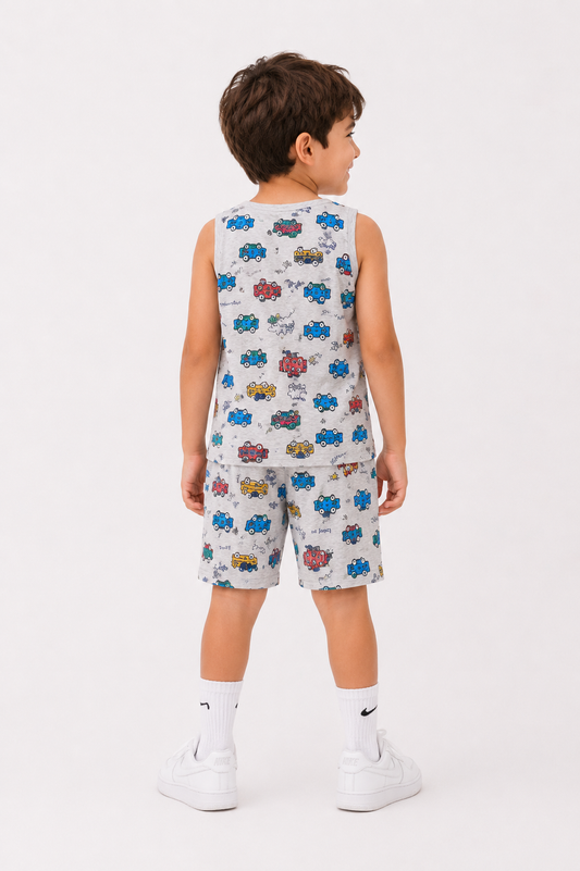 Car Print Co-ord Set for Boys (Sleeveless T-Shirt & Shorts)