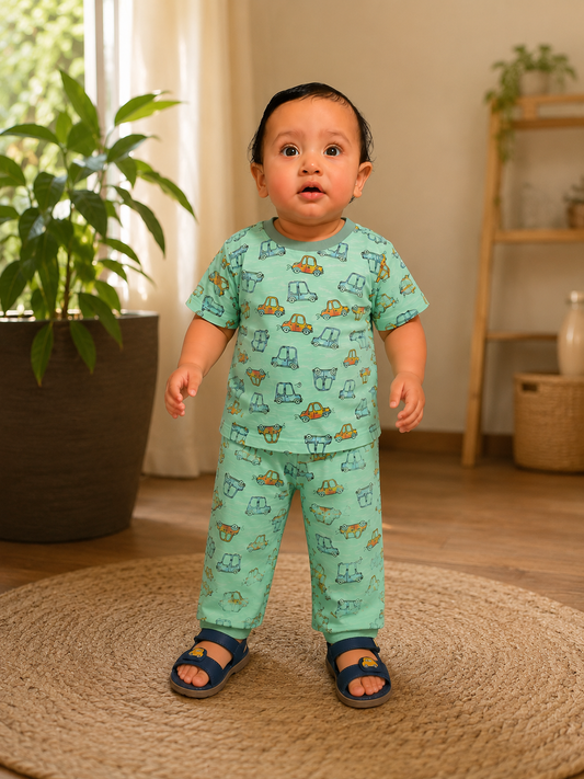 Mint Car Print Cotton Co-ord Set for Kids | Soft Half Sleeve Night Suit